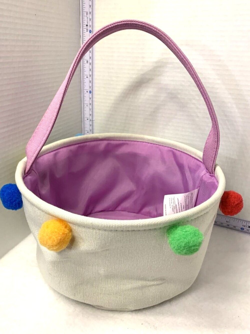 Beige Canvas Easter Basket with Multicolor Pom Poms Lavendar Lining